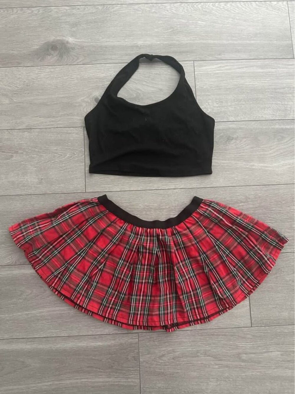Y2K Red Plaid Pleated Mini Skirt & Black Halter Crop Top Set